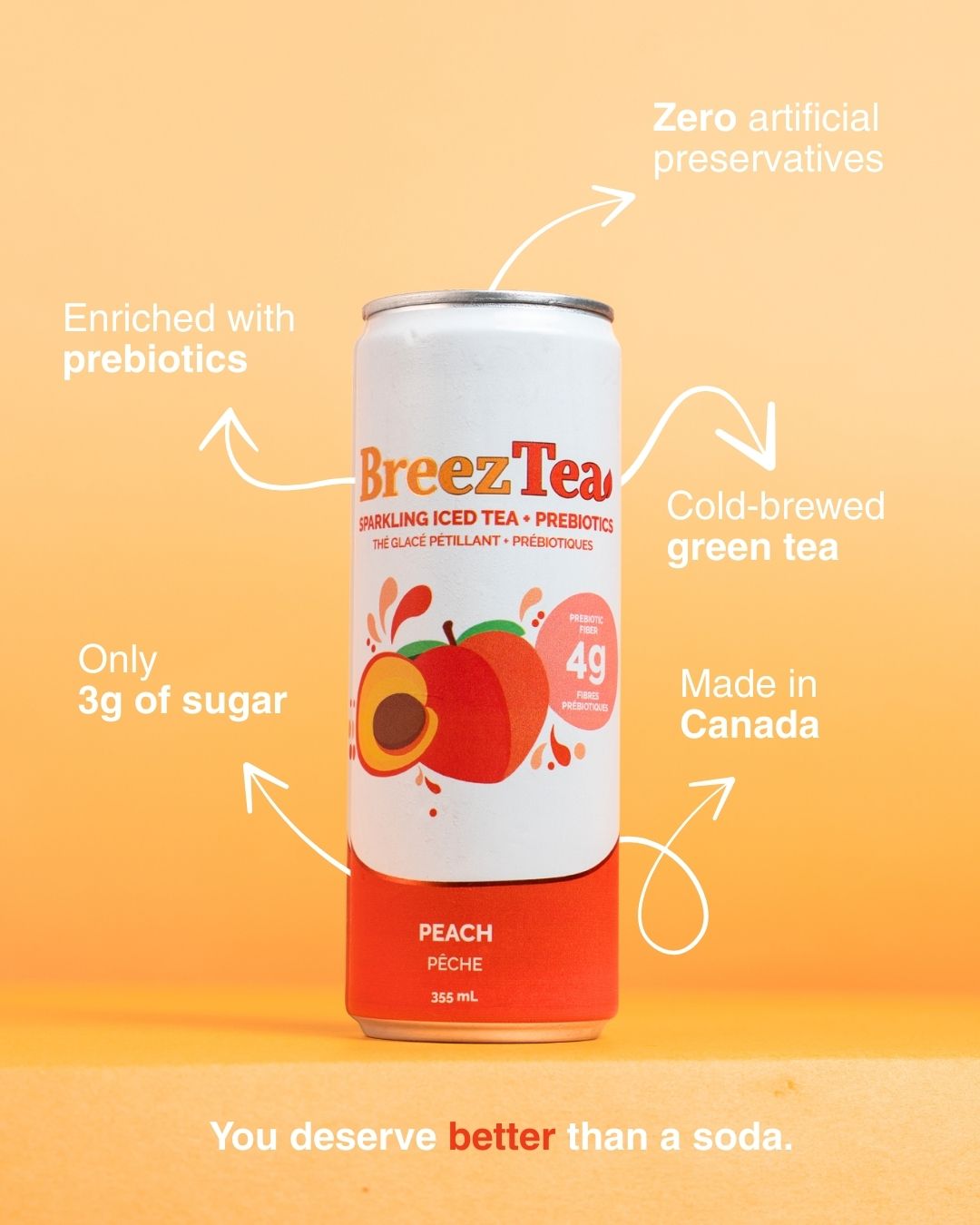 BreezTea Sparkling Ice Tea Prebiotics Fiber Peach